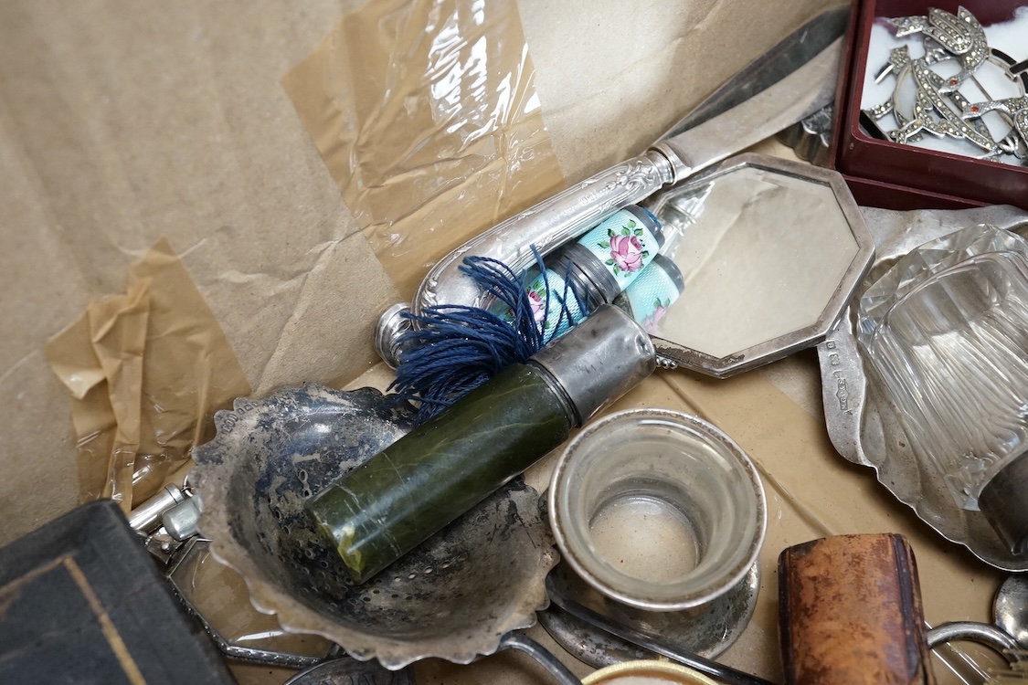 A quantity of assorted silver collectables and other items including a Victorian pieced silver dish by William Comyns & Sons, Ltd, London, 1896, 19.7cm, a silver mounted glass decanter and stopper, same maker, London, 18